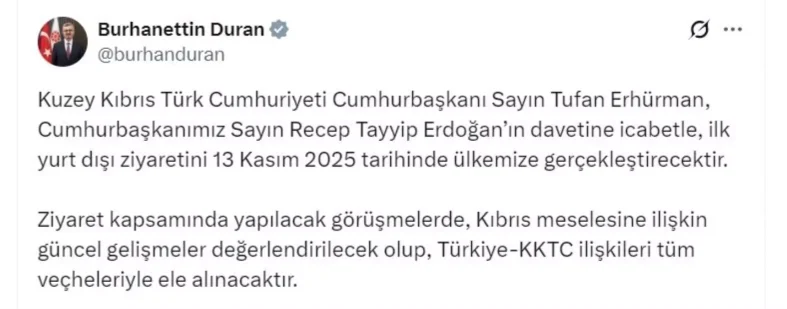 KKTC Cumhurbaşkanı Erhürman, 13 Kasım'da Türkiye'yi ziyaret edecek